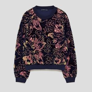 Zara Navy Velvet Floral Sequined Sweatshirt
